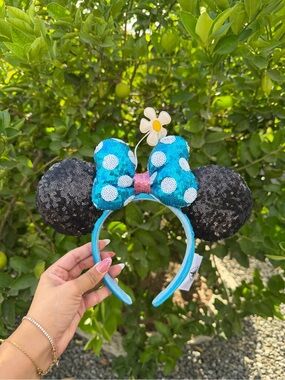 Sequin Minnie Ear Headband with Blue Polka Dot Bow